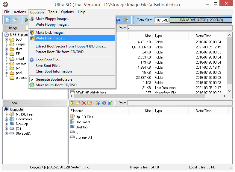 selecting write disk image option under bootable tab of ultraiso main menu