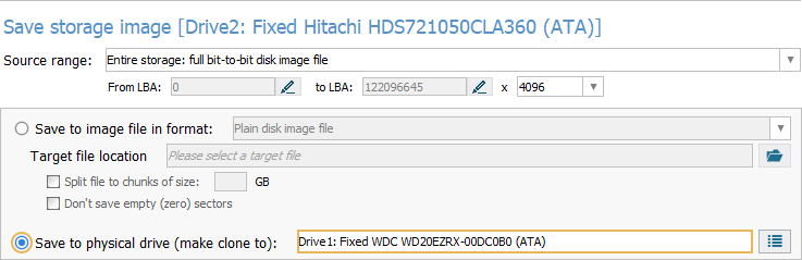 save to physical drive option in disk imaging configuration window in ufs explorer program