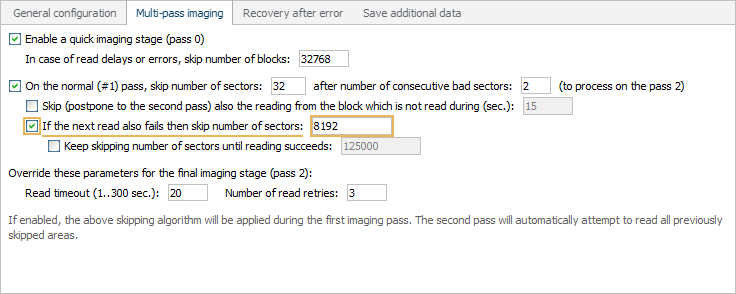 configure number of sectors to skip for second time after number of defects detected in disk image configuration window