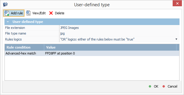 add rule button to add more signatures in user-defined rule configuration window in ufs explorer program