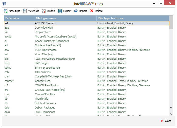 custom file type selected in intelliraw rules list of ufs explorer intelliraw rules editor