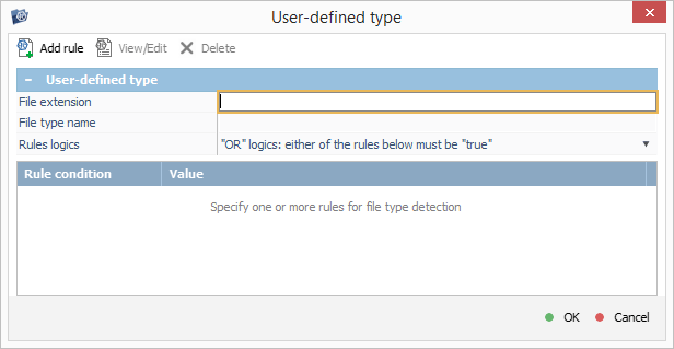field to enter extension for new file type in add rule window of intelliraw rules editor of ufs explorer