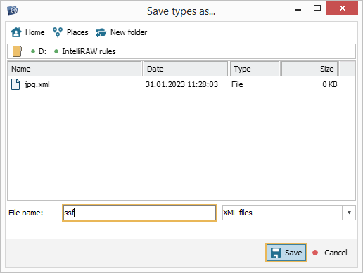 dialog to select location and enter name for xml file with exported custom file types