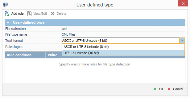 drop-down list of text encodings of text format property in add rule window of ufs explorer intelliraw rules editor