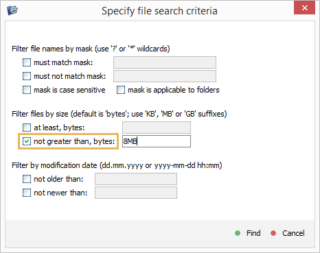 maximum file size limit in search criteria window in explorer of ufs explorer program