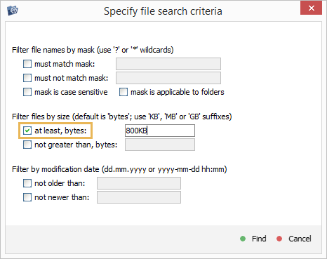 minimum file size limit in search criteria window in explorer of ufs explorer program