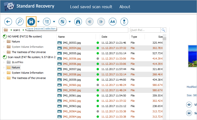save (recover) selection tool on main toolbar of explorer of ufs explorer program