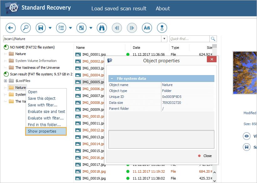 show properties option in context menu of file or folder selected in explorer of ufs explorer program