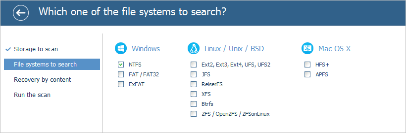 select file systems to scan with ufs explorer standard recovery