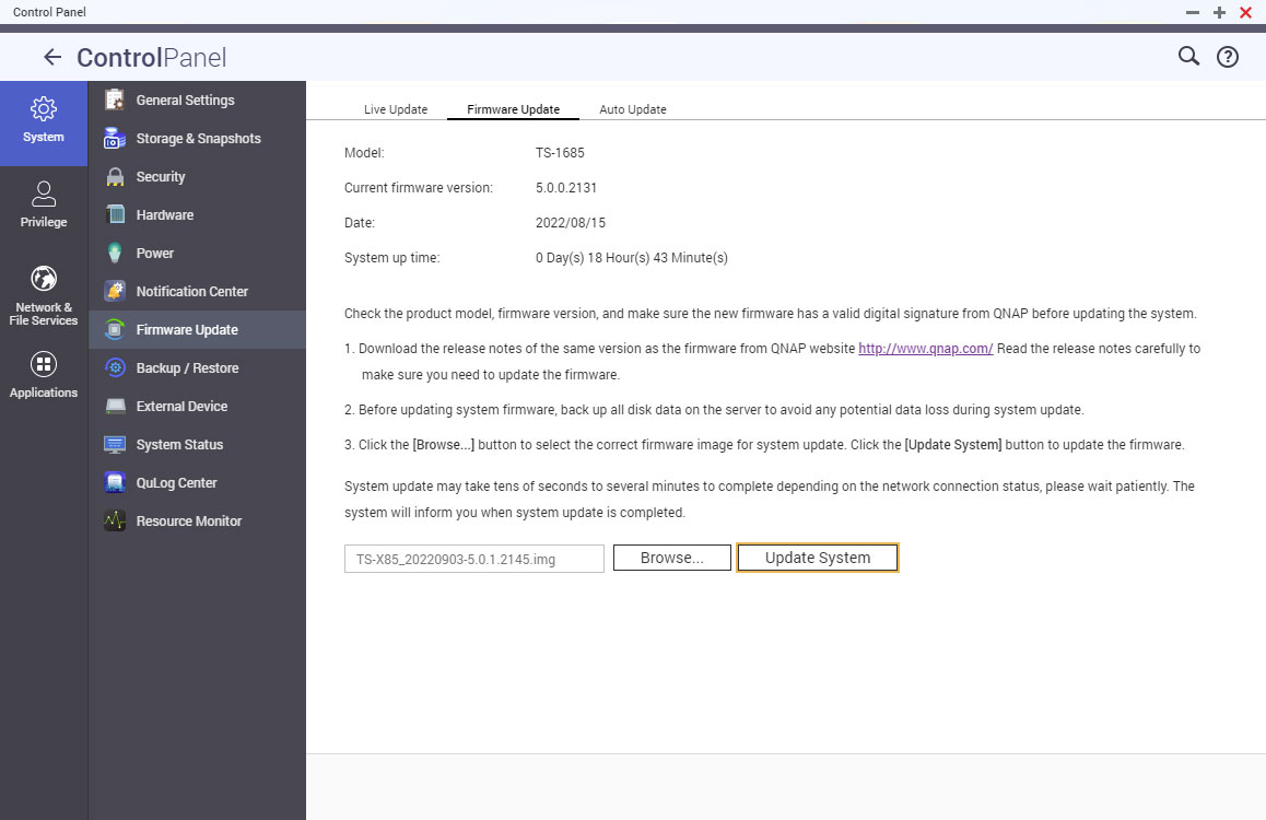 qnap nas firmware updating via control panel