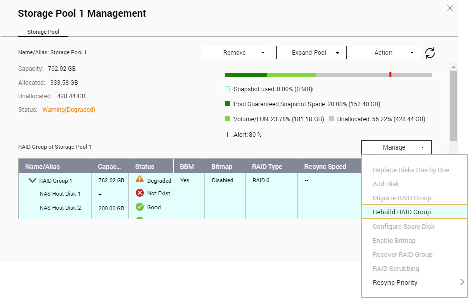 raid rebuilding with storage pool management tool of qnap nas