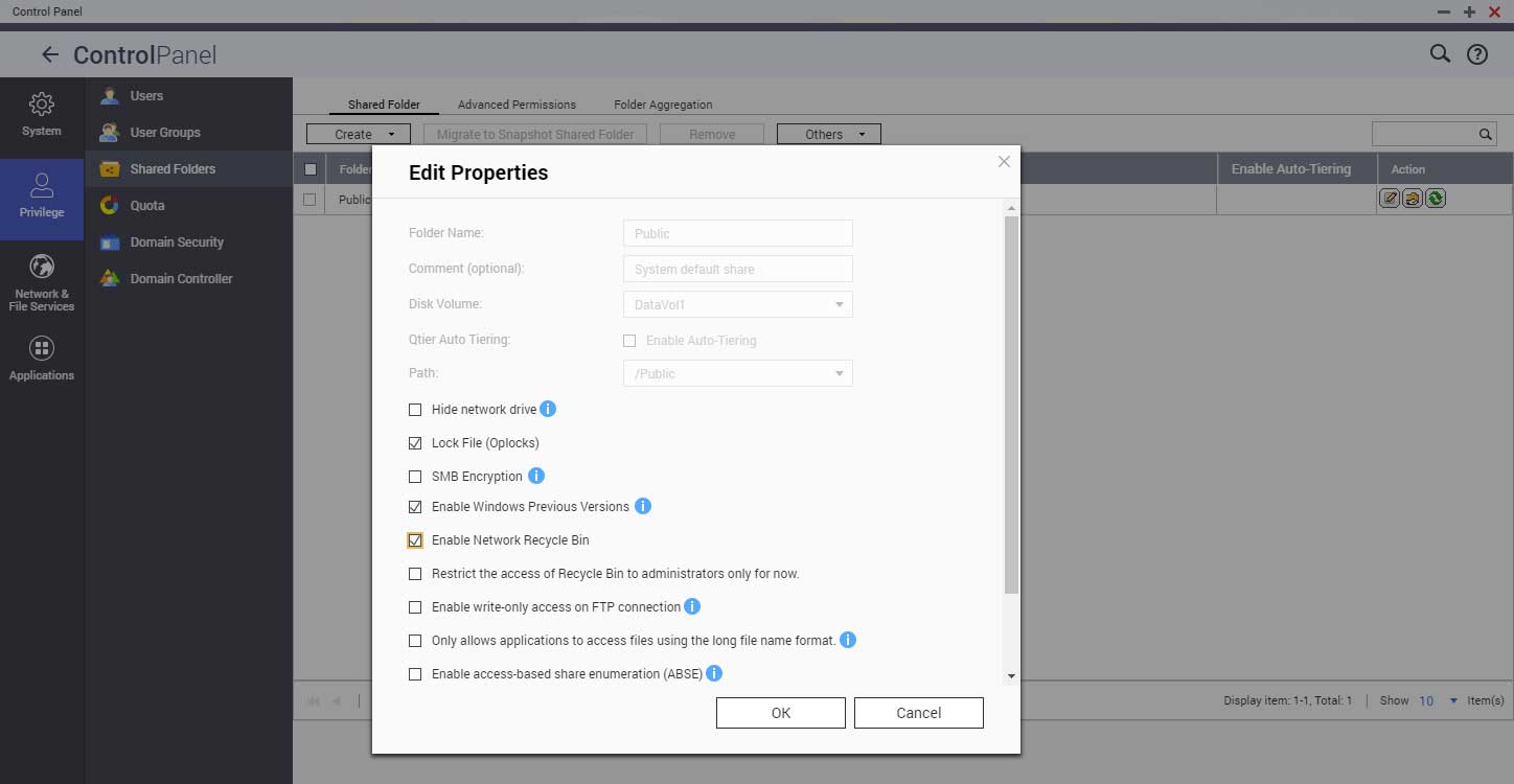 shared folder properties editing in qnap nas control panel