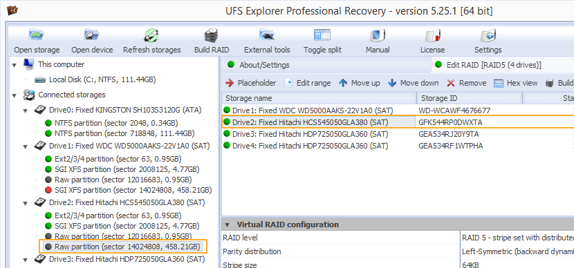 raid 5 not supported by ufs explorer 5.25 and detected as raw partition