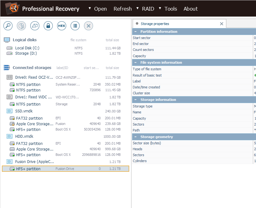 mounted hfs+ partition of assembled fusion drive in list of connected storages in ufs explorer professional recovery program 