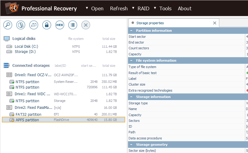 apfs partition selected in list of connected storages on left panel of ufs explorer professional recovery program