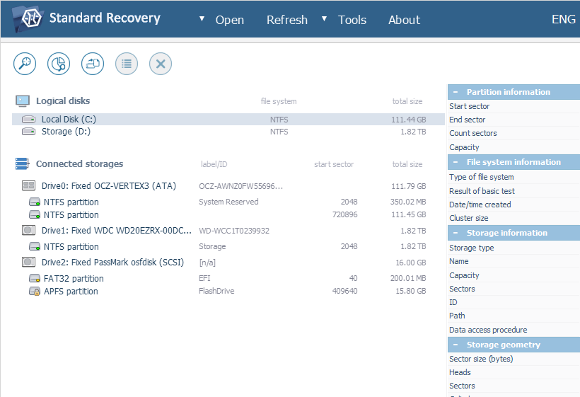 list of detected connected storages on left panel of ufs explorer program main window