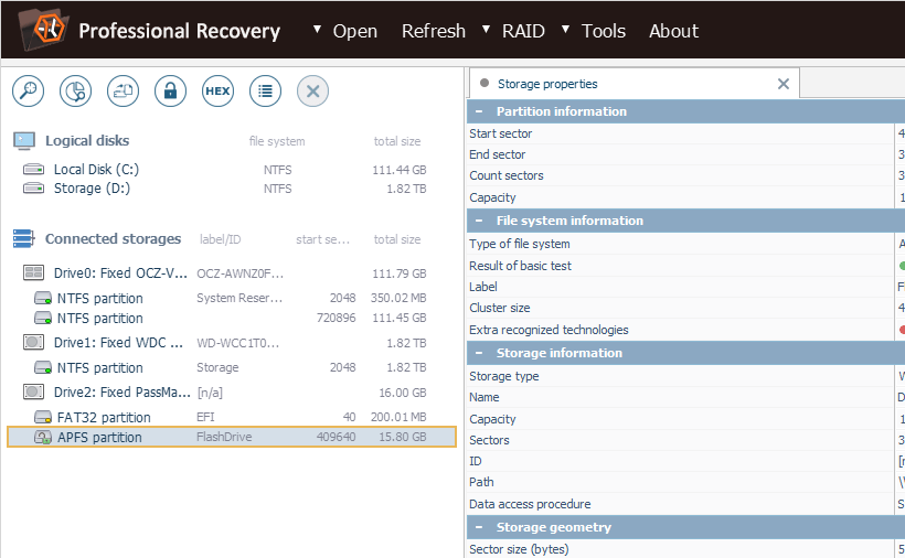 decrypted apfs partition in list of storages on left panel of ufs explorer professional recovery program main window 