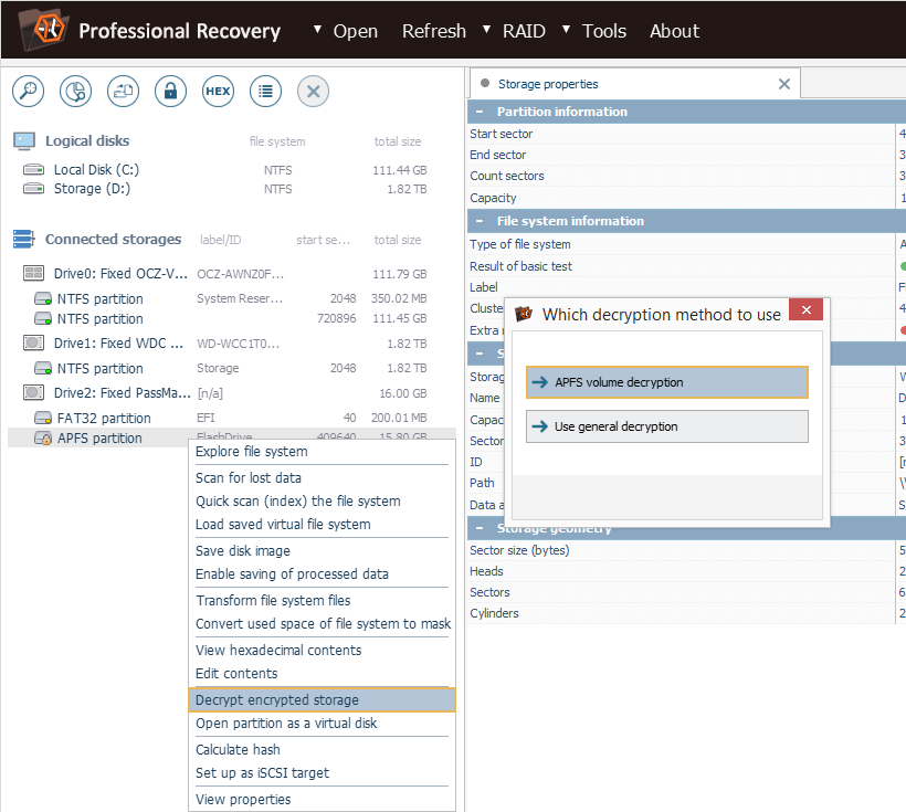 select decryption method for encrypted apfs partition in ufs explorer professional recovery program interface