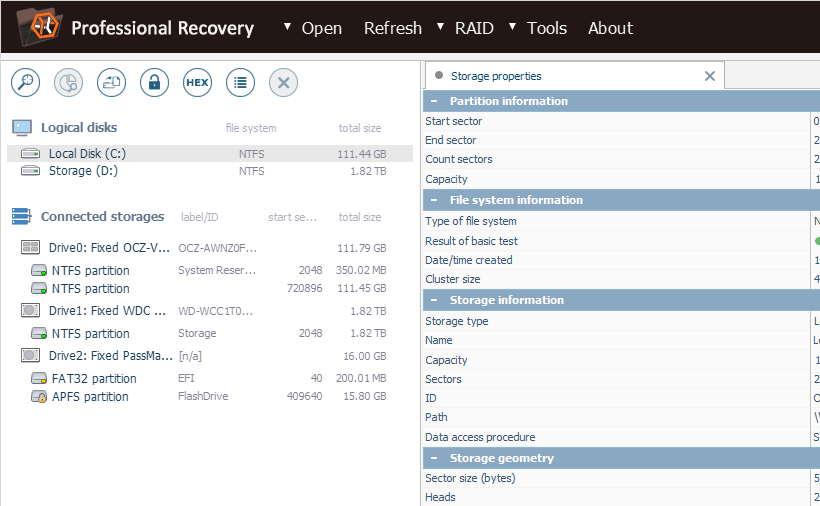 list of detected connected storages on left panel of ufs explorer professional recovery program main window