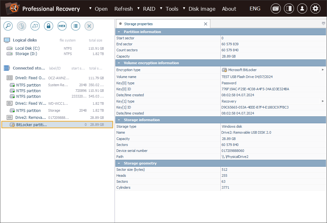 bitlocker partition selected in list of connected storages on left panel of ufs explorer professional recovery program