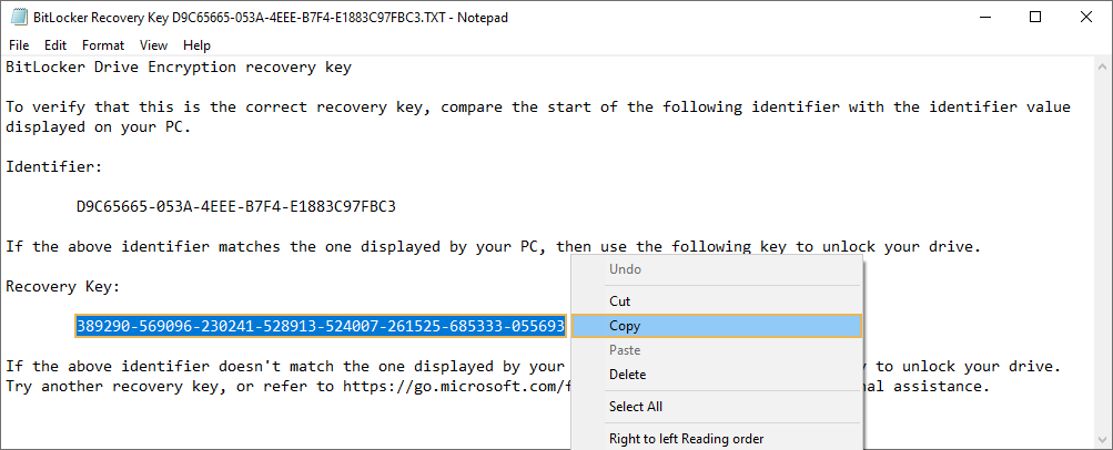 copying of bitlocker recovery key
