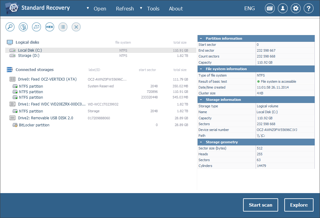 list of all detected connected storages on left panel of ufs explorer program main window