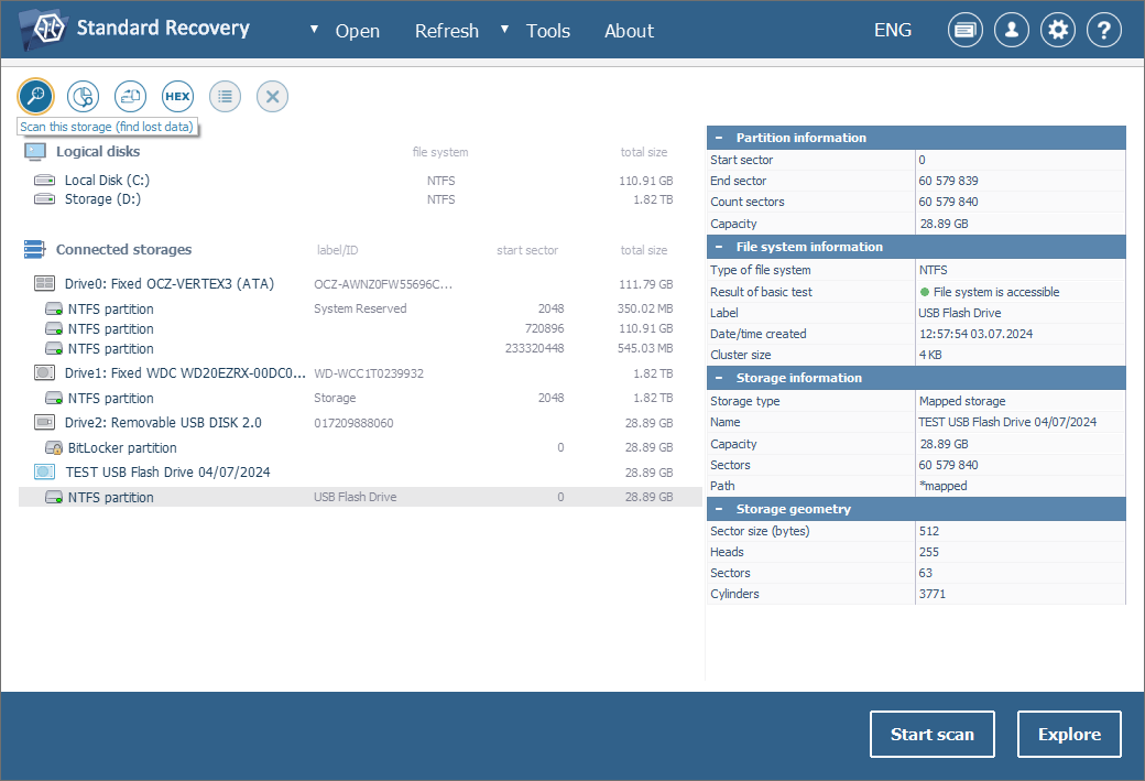 scan this storage tool in main toolbar of ufs explorer program main window