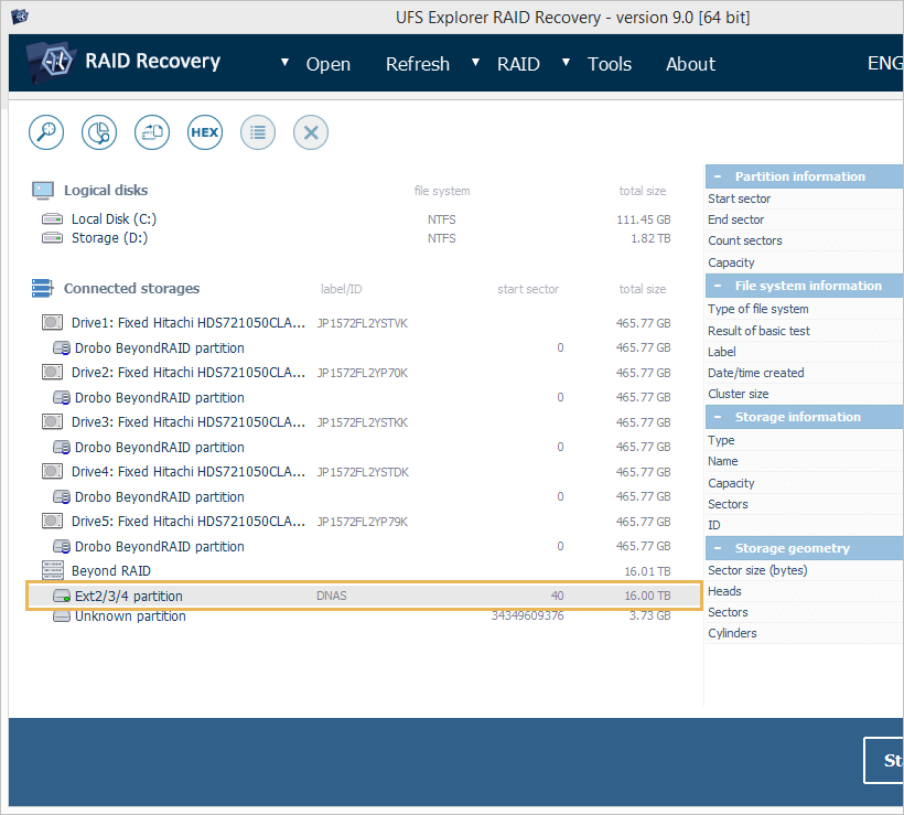 assembled beyondraid partition in list of connected storages on left panel of ufs explorer raid recovery program 