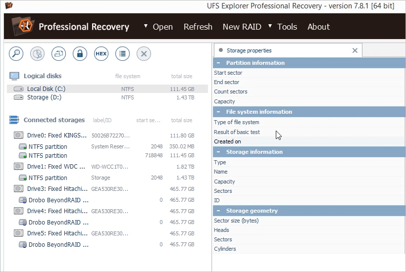 drobo storage in list of connected storages on left panel of main window of ufs explorer professional recovery program