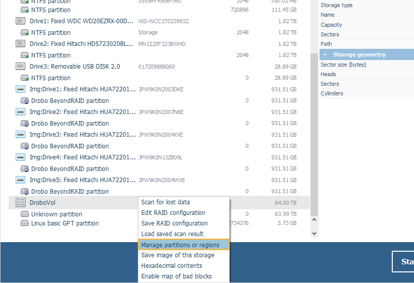 manage partitions option in context menu of drobo beyondraid volume mounted in ufs explorer professional recovery