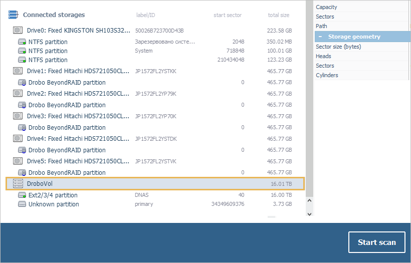 mounted drobo volume in connected storages list in ufs explorer raid recovery program