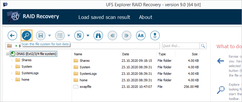 tool scan this file system for lost data on top toolbar in ufs explorer raid recovery program 