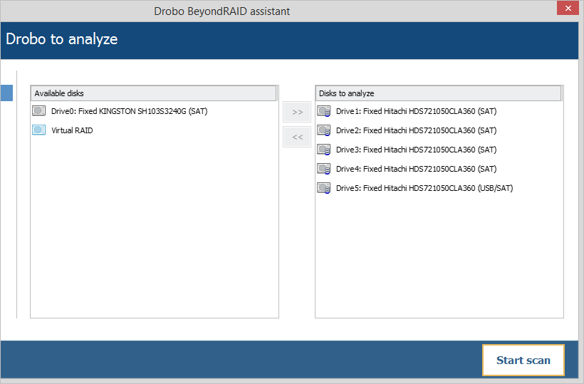 start scan button in drobo beyondraid assistant of ufs explorer raid recovery program