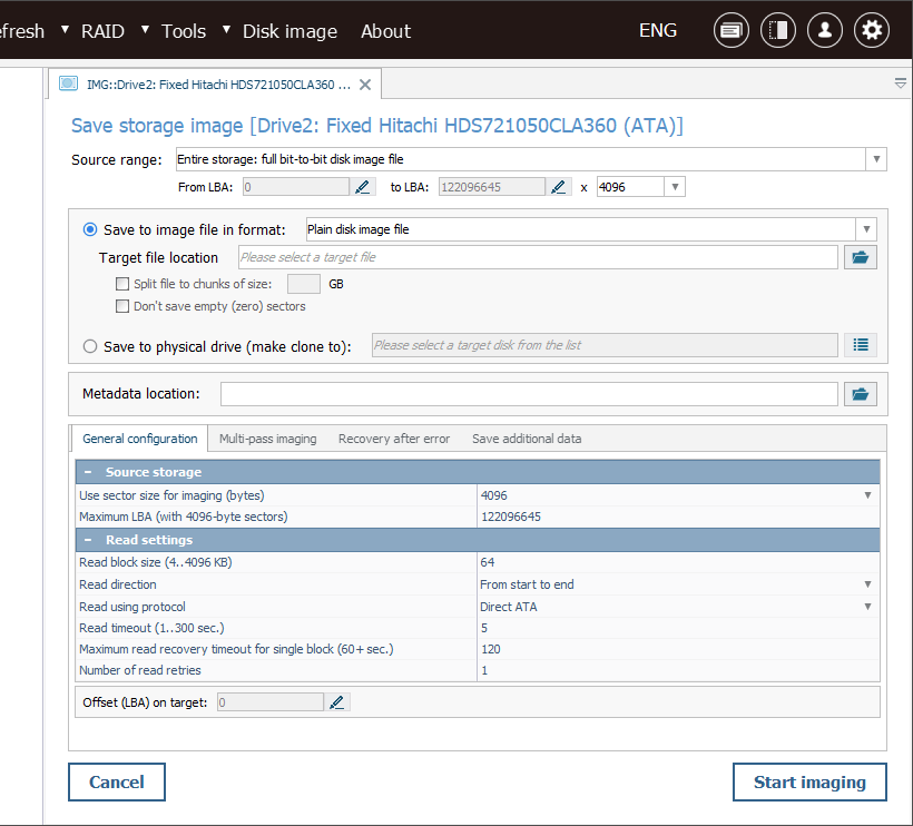 disk imaging configuration window in ufs explorer professional recovery program