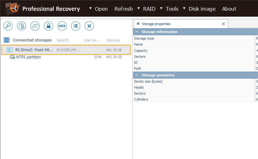 drive selected in list of connected storages in ufs explorer professional recovery program 