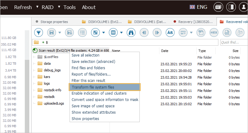 option transform file system files in context menu of scan result in explorer of ufs explorer professional recovery