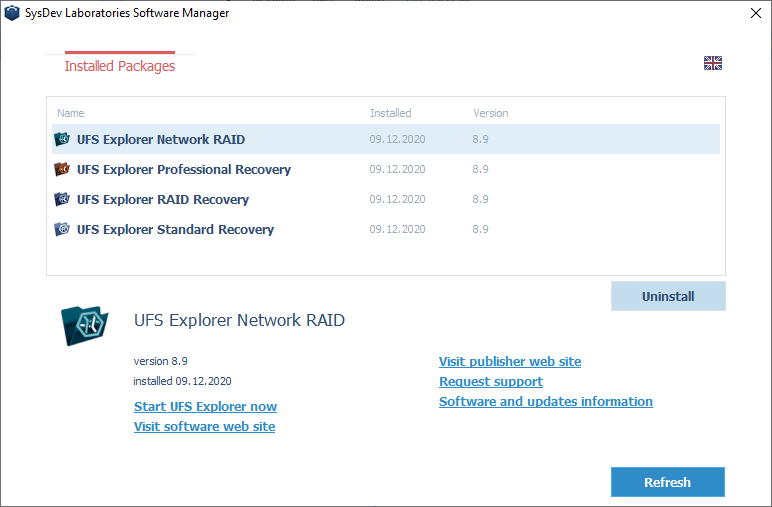 program uninstall option in software packages manager dialog