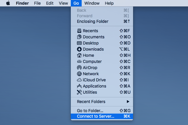 connect to server option in main menu of finder on macos