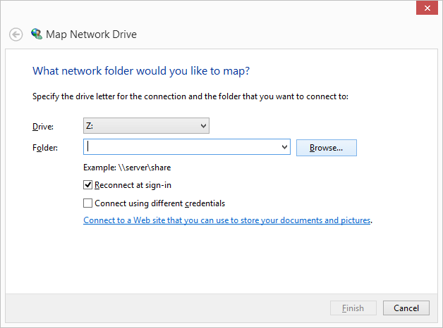 map network drive dialog to choose network folder