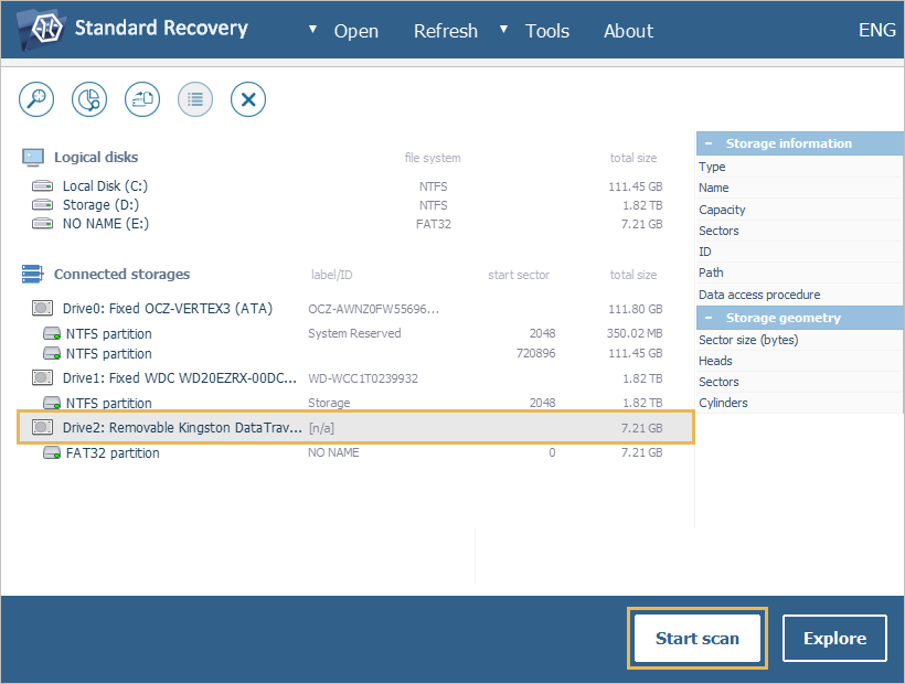 drive selected on connected storages panel of ufs explorer program