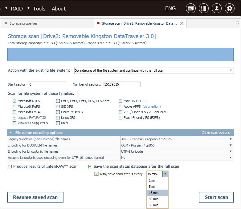 setting periodical saving of scan state in scan configuration dialog in ufs explorer professional recovery program