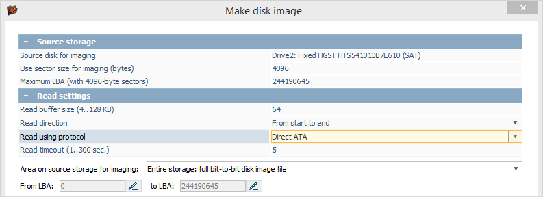 setting direct ata as reading protocol for disk imaging in ufs explorer