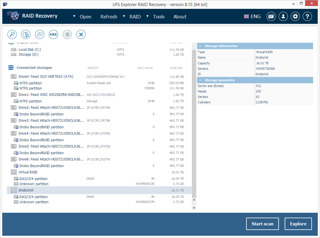 newly mounted drobo volume in connected storages list in ufs explorer