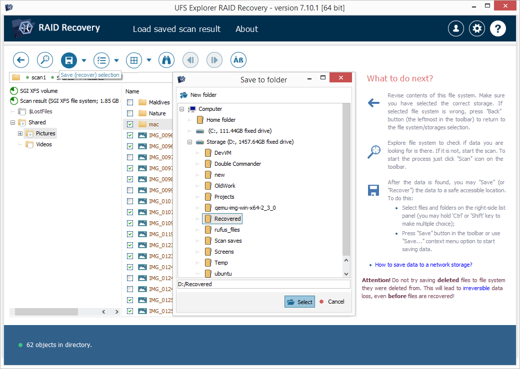 save selected recovered raid files with ufs explorer save selection tool