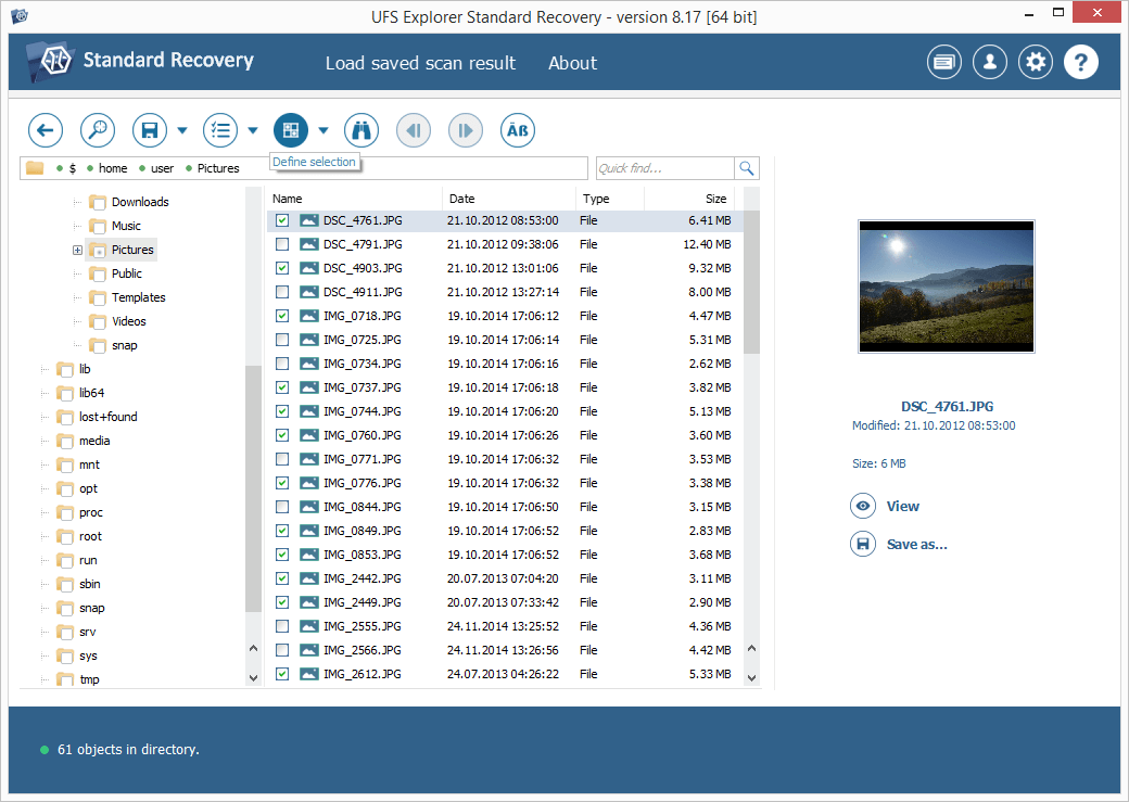 select multiple files to save with define selection tool in ufs explorer standard recovery