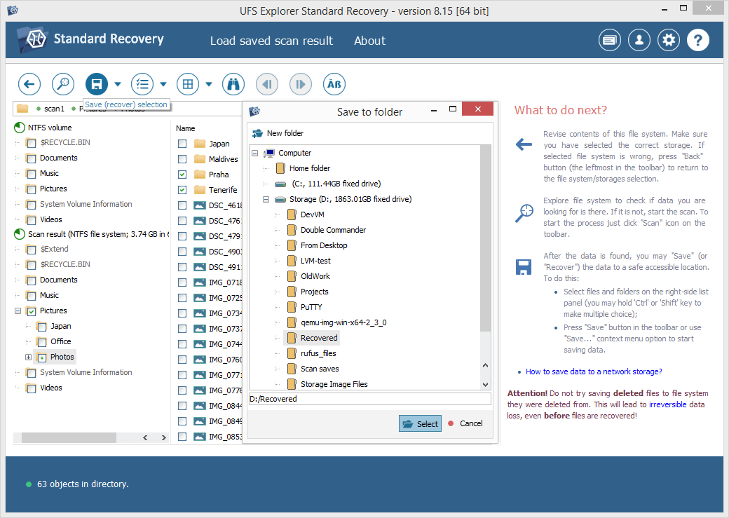 save certain files recovered from partition with ufs explorer save selection tool