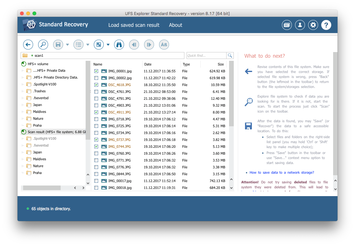 multiple files saving with save selection tool in ufs explorer standard recovery