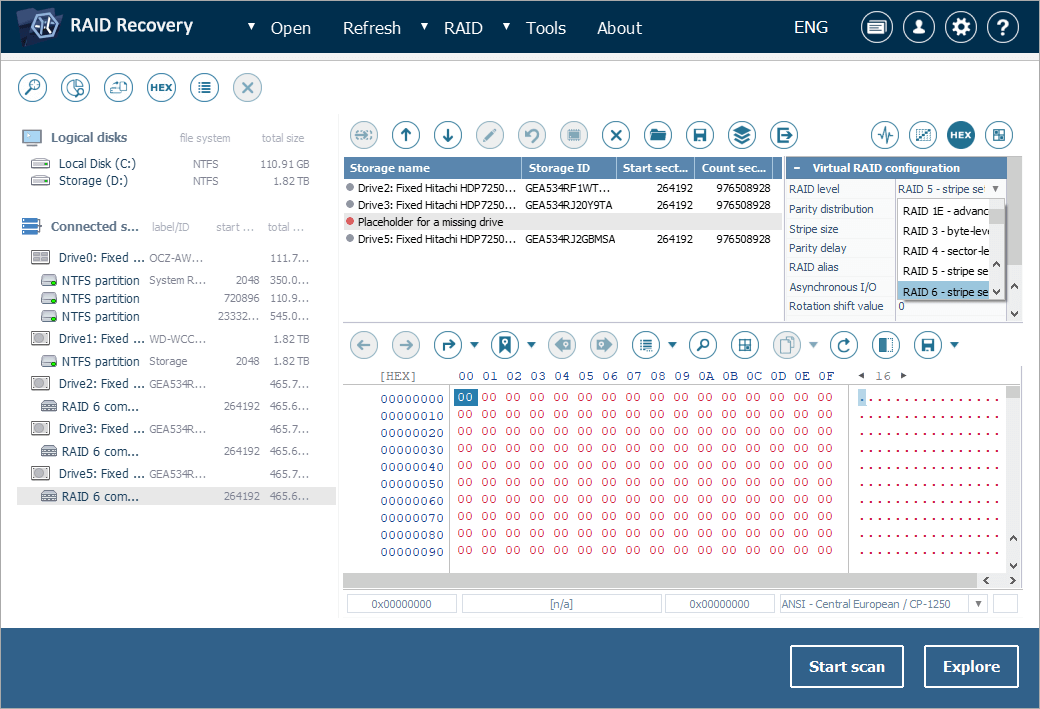 specifying raid 6 parameters on virtual raid configuration panel in raid builder