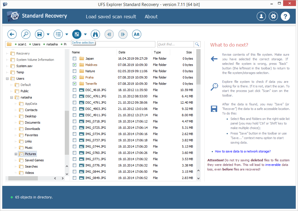 select recovered files to save with ufs explorer define selection tool