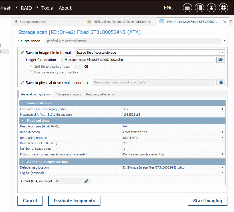 disk image creation configuration window in ufs explorer professional recovery program